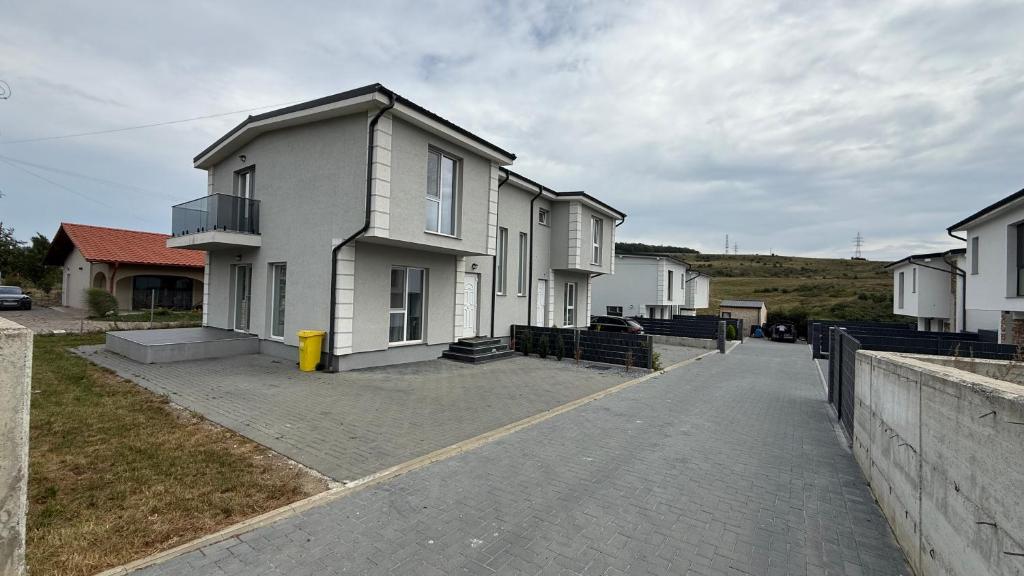 a row of houses on a street next to a road at Stylish House in Suceava