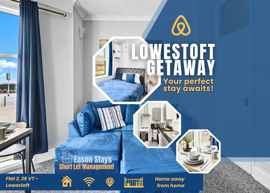 a flyer for a luxury apartment with a blue couch at Lowestoft Seaside Escape by Eason Stays, Free Parking next to Sea Front in Oulton