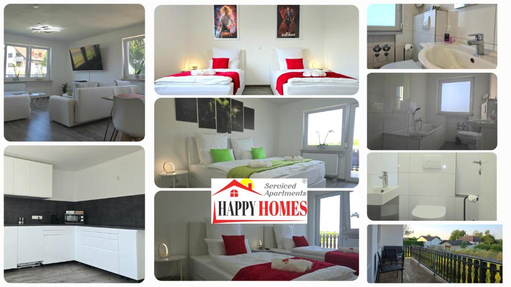 a collage of photos of a bedroom and a happy home at HAPPY HOMES FUN - Up to 8 - Küche - W-LAN - Netflix - PS5 - Badewanne in Altenstadt