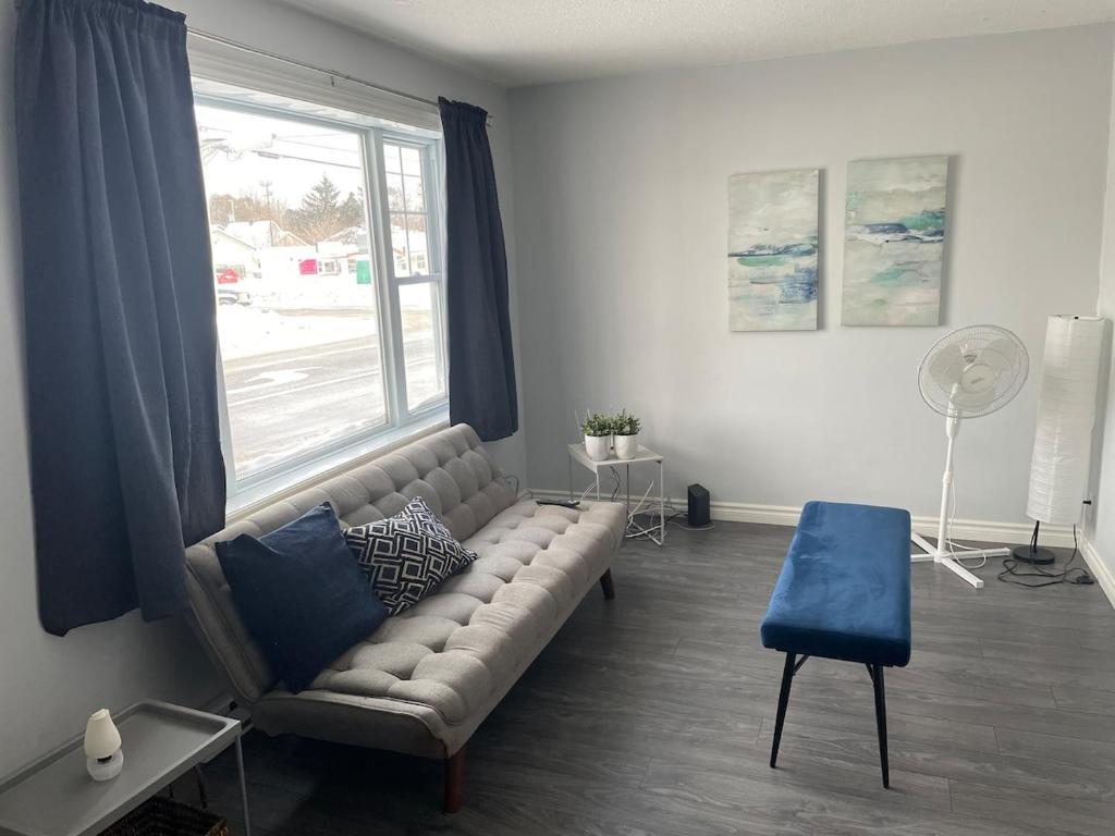 Una sala de estar con un sofá y una ventana. en Apt Milieu, en Gatineau