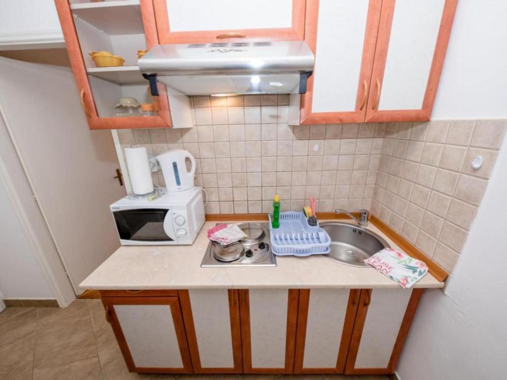 a small kitchen with a sink and a microwave at Apartments Scerbe Gordana & Miljenko Rab - Studio Apartment with Terrace 4 in Otok Rab