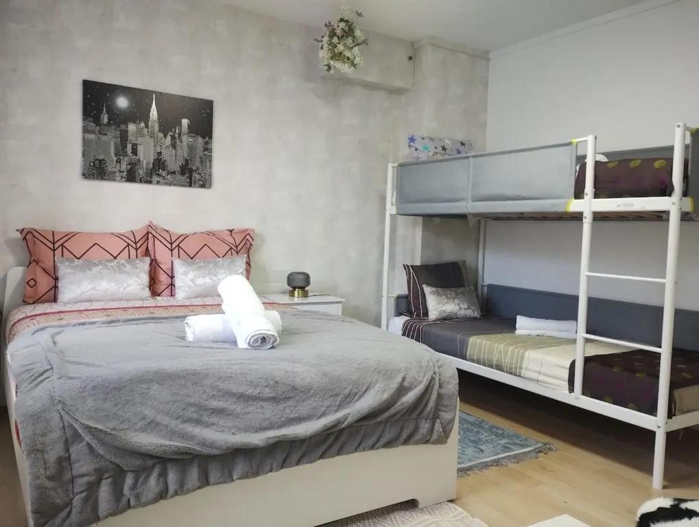 a bedroom with a bed and bunk beds in it at Appartement charmant à Noyers-sur-Cher - 45 m² - Parking in Noyers-sur-Cher