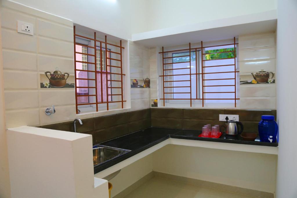a kitchen with a sink and two windows at Go COOL-IN in Yercaud