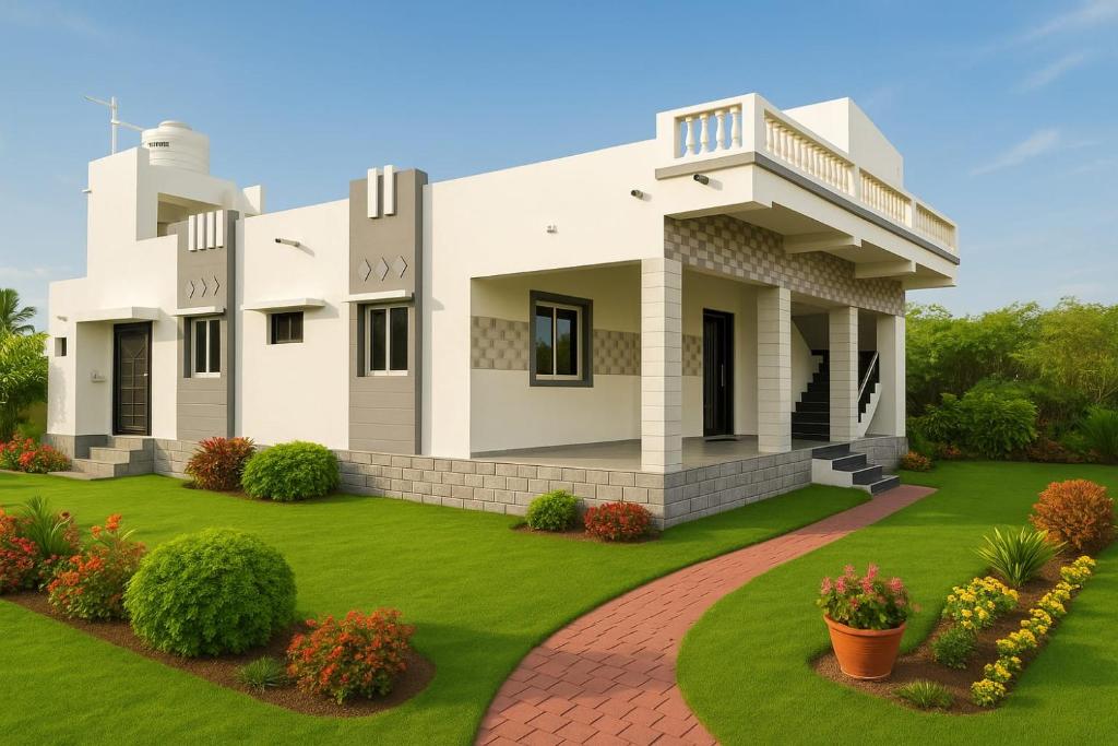 UnaにあるHome Stay Guest Houseの緑の芝生の家の造り