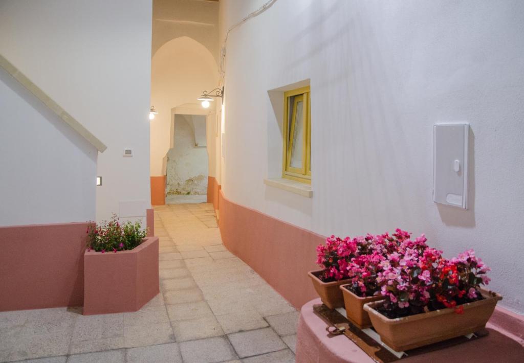 un pasillo con dos macetas de flores en la pared en Affittacamere Corte Marchese, en Presicce