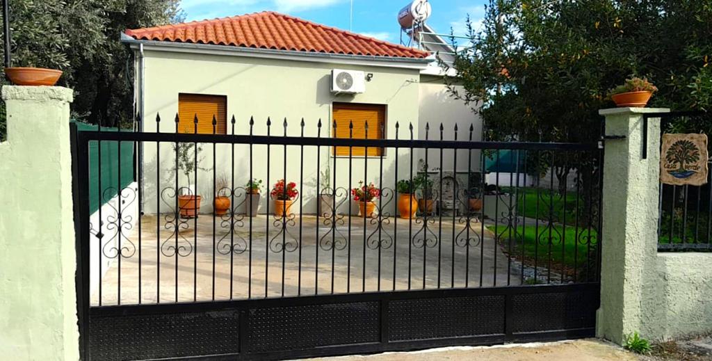 a gate to a house with potted plants behind it at Pelion Malaki- Casa Verde in Malaki