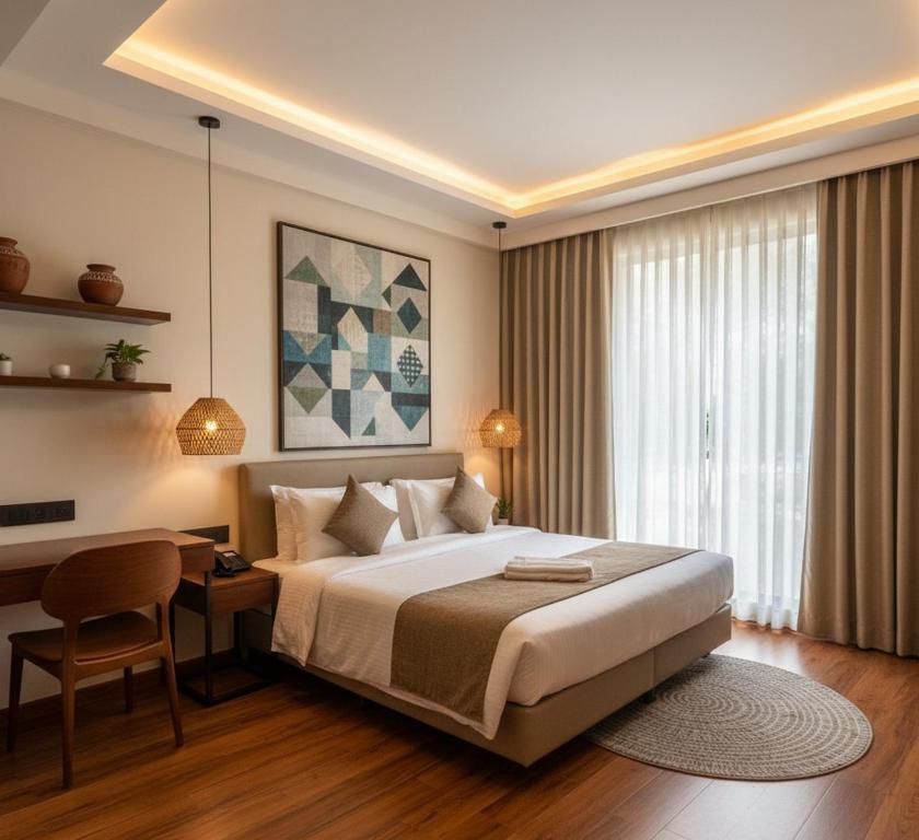 1 dormitorio con 1 cama grande, escritorio y escritorio en Hotel Verano, en Nueva Delhi