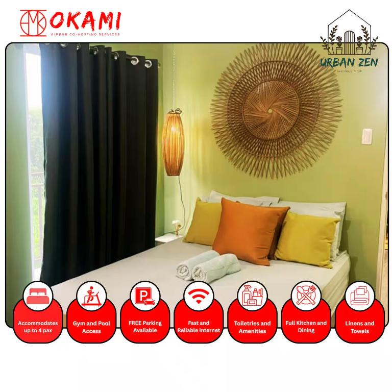 a bedroom with a bed with red and yellow pillows at Urban Zen - Family Condo with Parking in Nuvali in Calamba