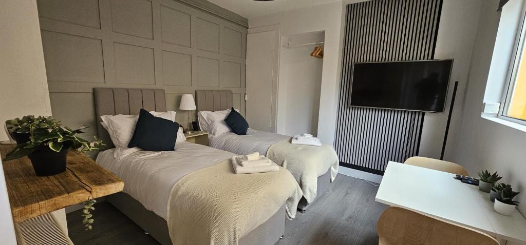 a hotel room with two beds and a television at Court Studio Apartment in Cardiff