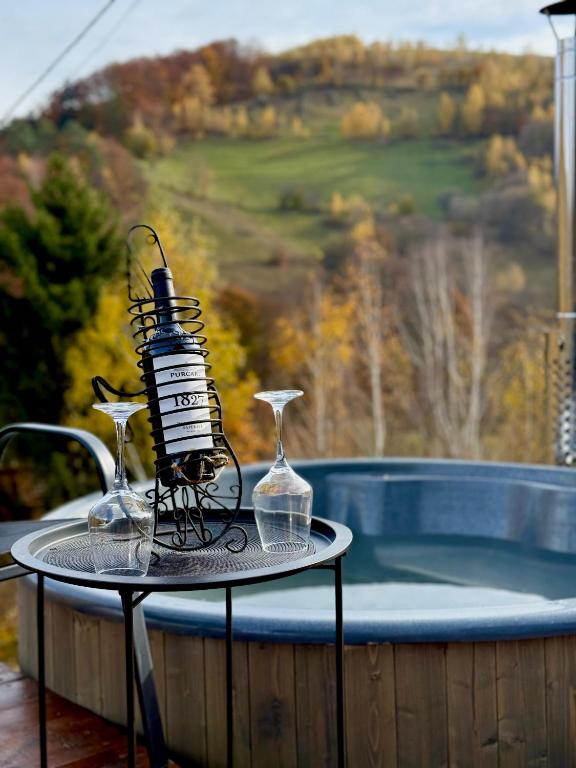 HolbavDnD Mountain Escape的一张桌子,上面有两杯酒,上面有游泳池