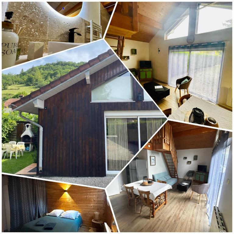 a collage of photos of a house at Gîte du Moulin - confort et nature - 2 chambres avec jardinet à Montgesoye, vallée de la Loue in Montgesoye