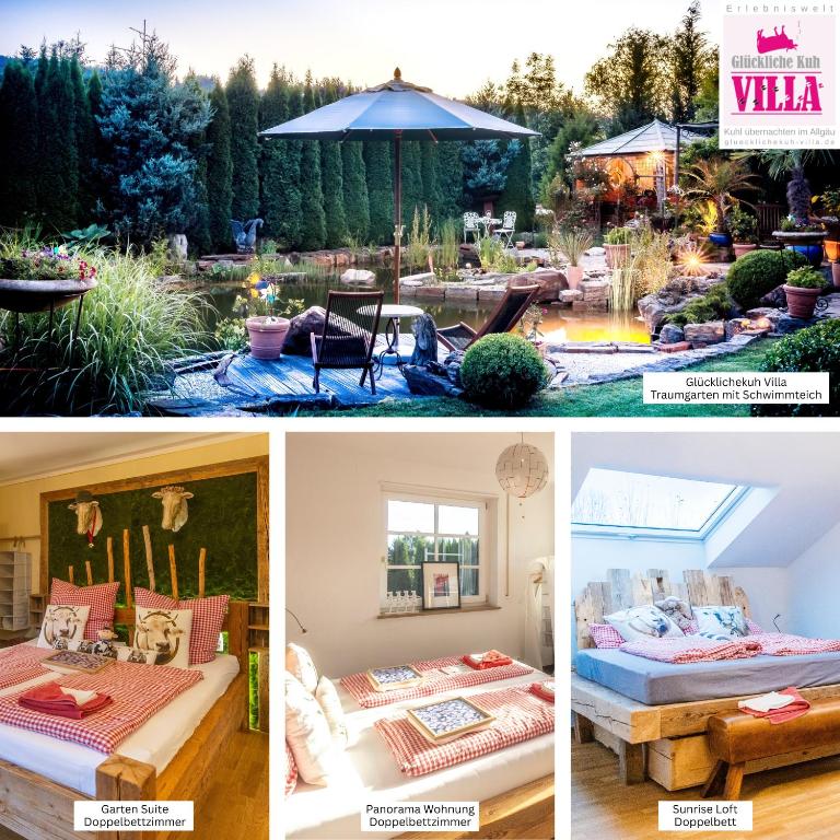 eine Collage aus Fotos eines Gartens mit Beeten und einem Sonnenschirm in der Unterkunft Glückliche Kuh-Villa - Achtsamer Rückzugsort mit Traumgarten, Schwimmteich & Raum zum Sein bis 18 Personen - Allgäu in Kempten