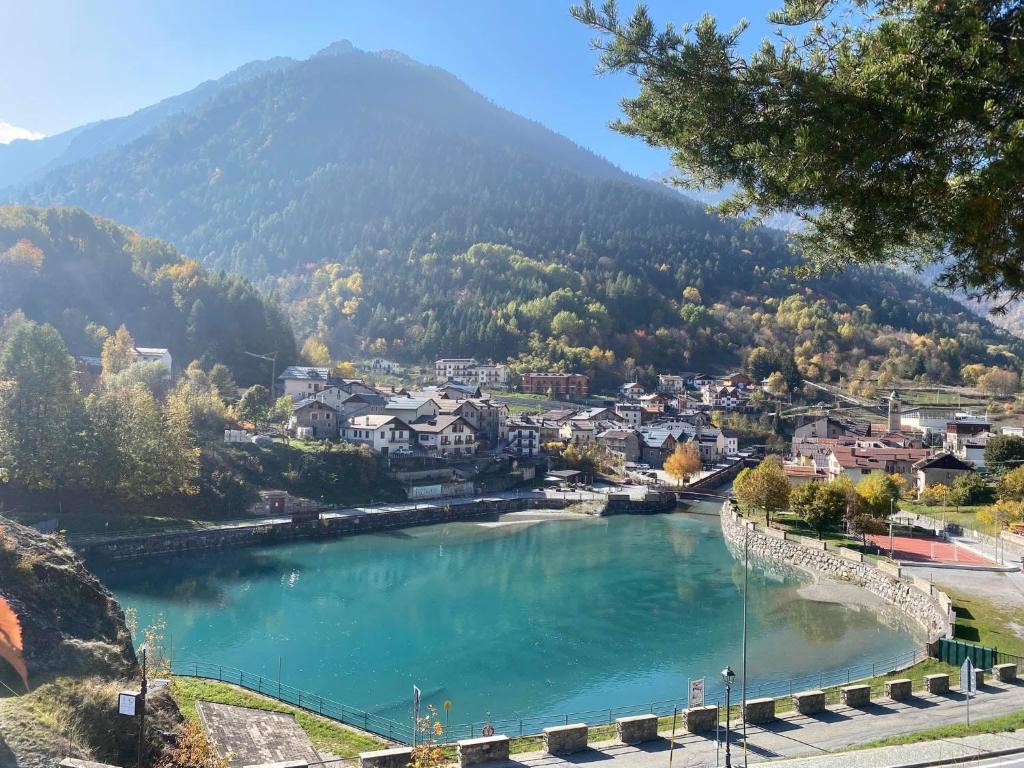 een rivier in een stad met een berg op de achtergrond bij Nido delle Alpi by SMART-HOME in Pietraporzio