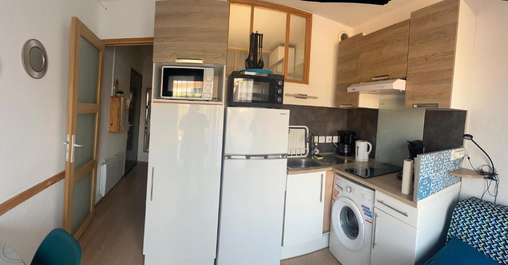 una cocina con nevera y lavadora en Le Balcon du Soleil studio climatisé Wifi coin nuit lit douillet proche cure et étang, en Balaruc-les-Bains