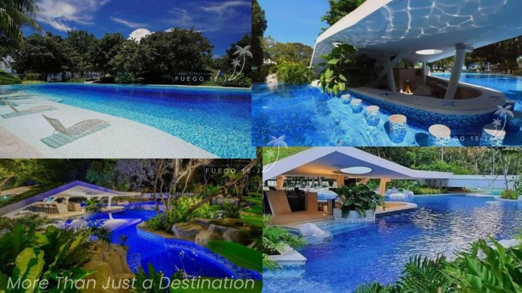 a collage of four pictures of a swimming pool at Tambuli Seaside Living Tower F, Unit J Level 15 in Maribago