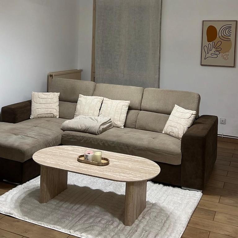 un salon avec un canapé et une table basse dans l'établissement Appartement moderne à 5min du centre ville et des quais, à Romans-sur-Isère