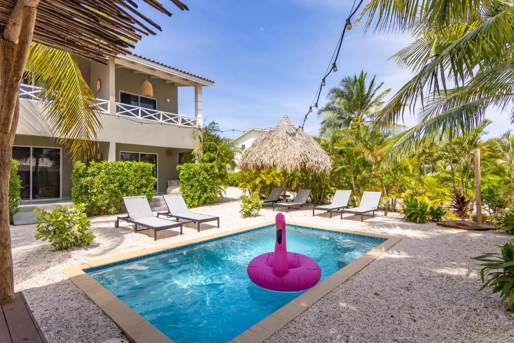 a swimming pool in front of a house at Oasis Boutique Resort - Magnesium zwembad in Willemstad