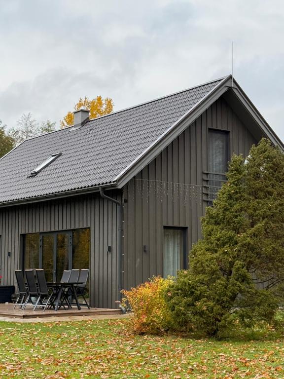 a large metal building with chairs in front of it at Brīvdienu māja & pirts meža vidū - Saraiķu Sanderi in Saraiķi