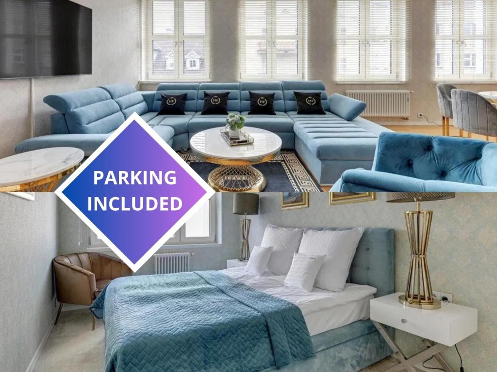 a living room with a blue couch and a table at Apartament Faltom 7 Gdynia Centrum Abrahama in Gdynia