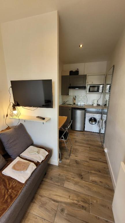 a living room with a couch and a kitchen at Petit Studio quartier Cathédrale in Chartres