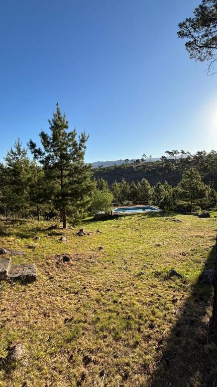 a field with trees and a building in the distance at Cabaña de montaña con pileta en hermoso predio in Villa Yacanto