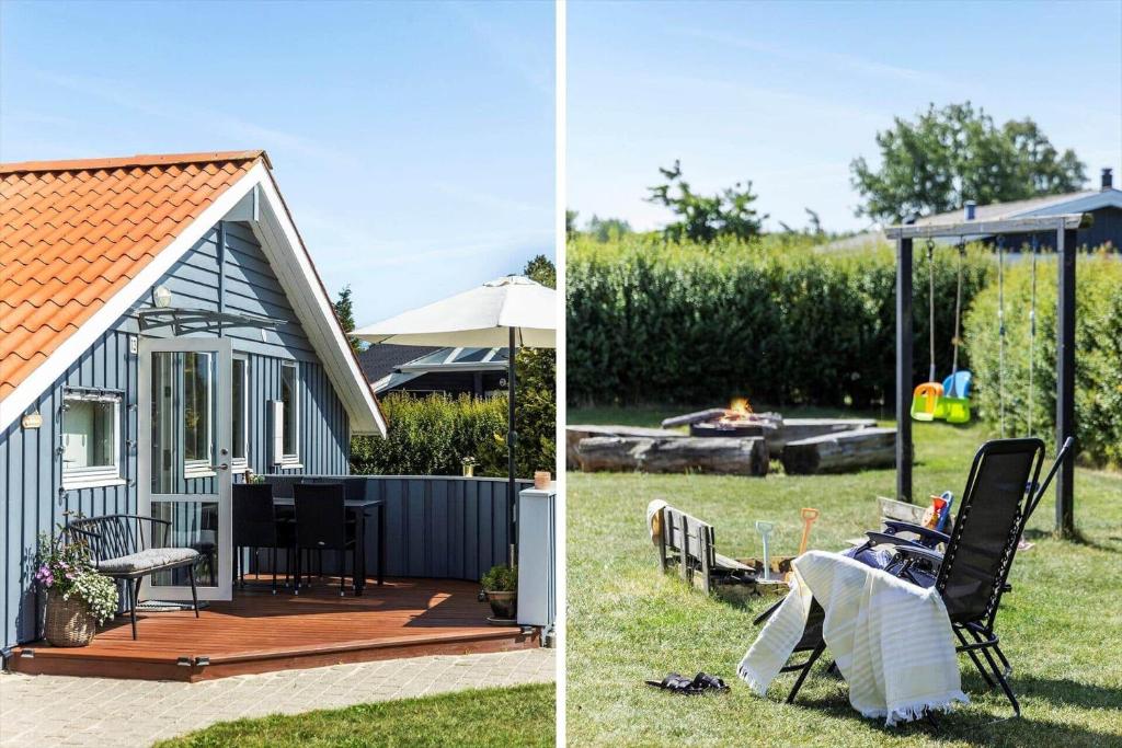 ein Haus mit Terrasse und einem Garten mit Feuerstelle in der Unterkunft FY141 Middelfart - Regulusvej 13 in Middelfart