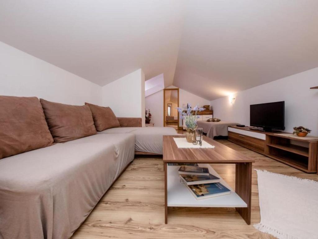 a living room with a couch and a table at Apartments Scerbe Gordana & Miljenko Rab - One Bedroom Apartment with Terrace 3 in Otok Rab