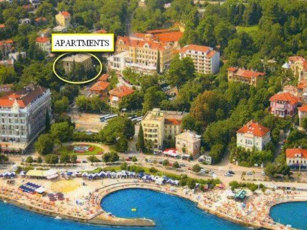 an aerial view of a resort with a beach and a bridge at Studio Apartman Kamelija in Opatija