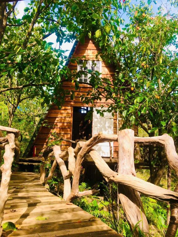 a log cabin with a wooden walkway in front at Homestay Da Blah in Da Ðeum (2)