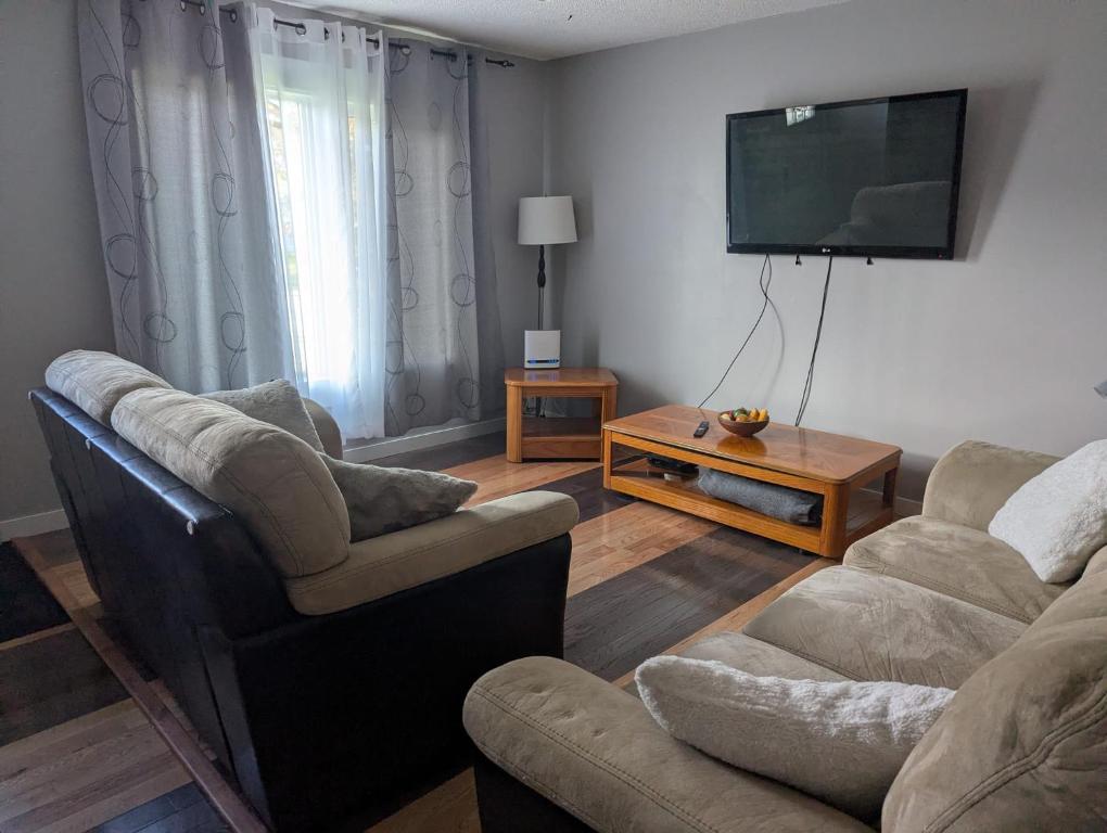 a living room with two couches and a flat screen tv at 197 Le Maire Street in Winnipeg
