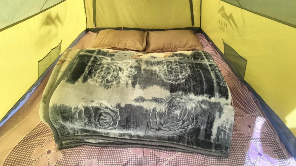 a bed in a tent with a blanket on it at The Royal Roast in Shoja