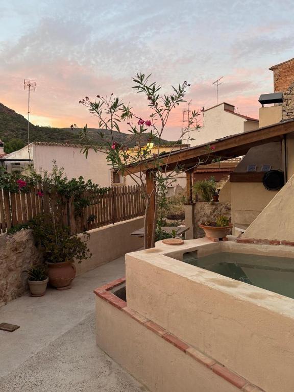a garden with a small tree and a swimming pool at Casa Albacora 1892 in Losa del Obispo