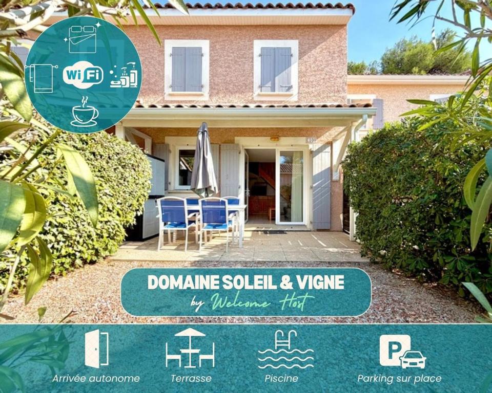 a house with a sign in front of it at Domaine Soleil & Vignes, 4 pers Piscine à Calvisson in Calvisson