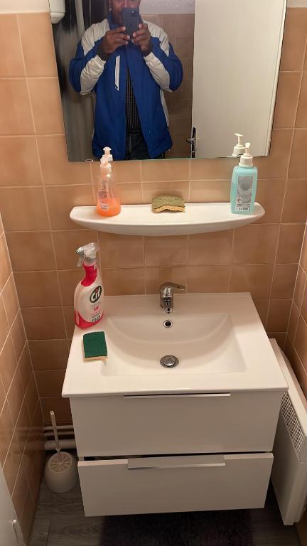 un uomo che scatta una foto di un lavandino in bagno di Le jas a Selonnet