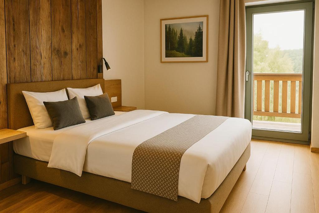 een slaapkamer met een groot bed en een groot raam bij WALDGUT Naturresort in Bad Gottleuba