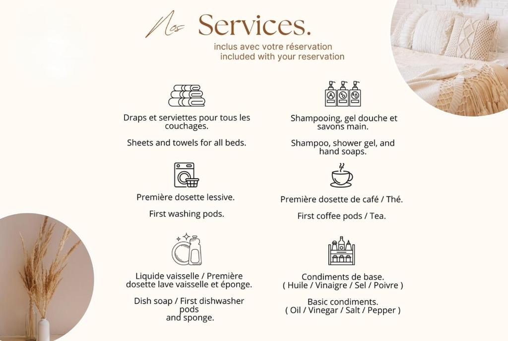 a page of a product brochure for a bed with the names of the services at L'Acacia in Aytré