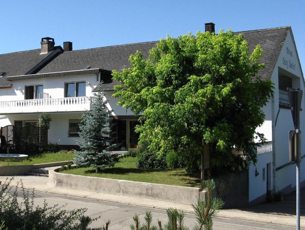 a white house with a tree in front of it at Weingut Pension Heinz Dostert in Nittel