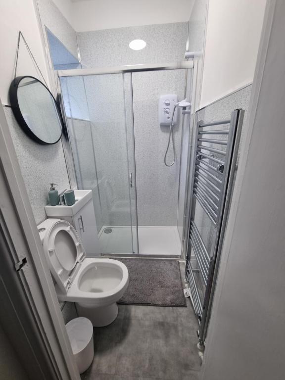 Un baño con inodoro y ducha de cristal. en Kingfield Boutique Hotel, en Nether Edge