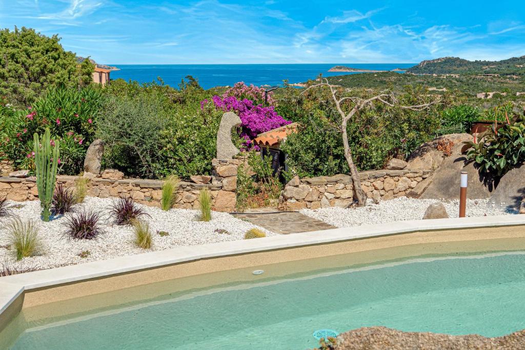 a backyard with a swimming pool and a garden at Villa Leone con piscina privata in Punta Molara