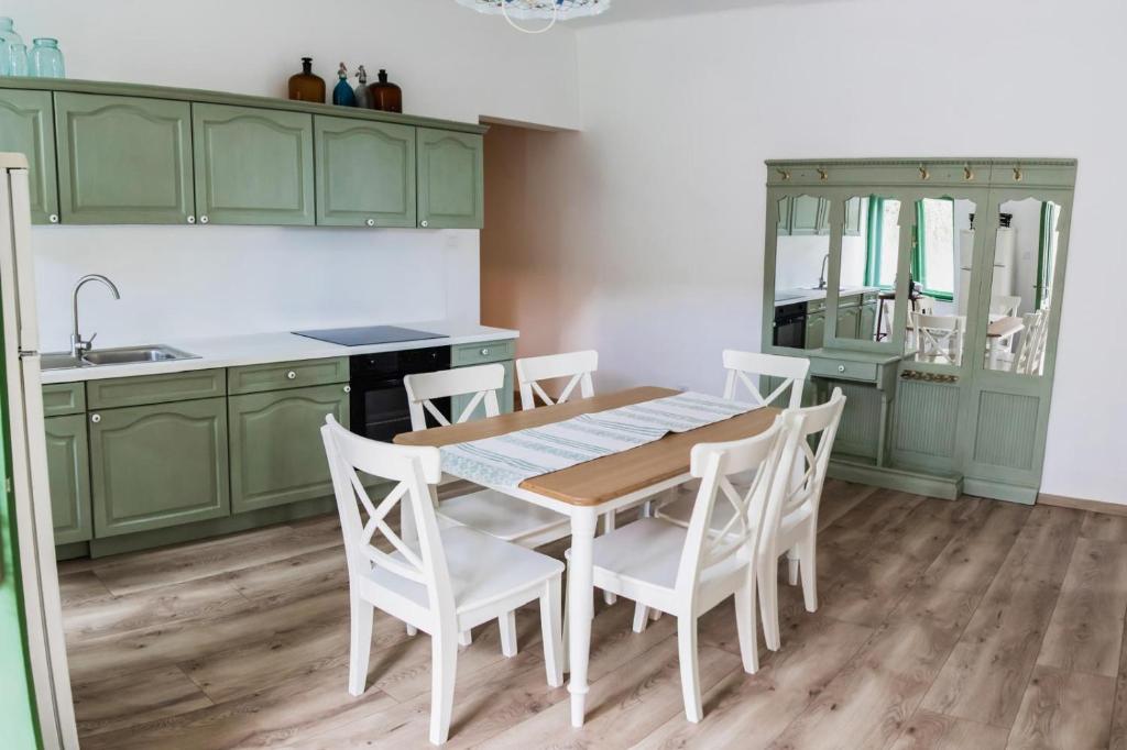 a kitchen with green cabinets and a wooden table and chairs at Nostalgia in Turda