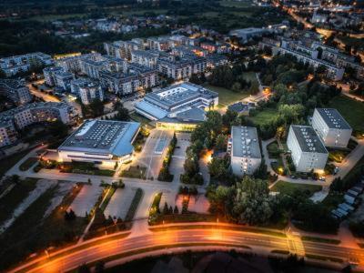 an aerial view of a city at night with lights at Dom Studenta nr 2 in Siedlce