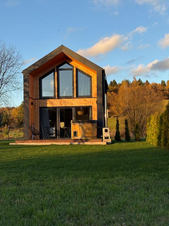 a house with a large window on a grass field at Bieszczadzki Relaks - domki z prywatną strefą SPA in Uherce Mineralne (7)