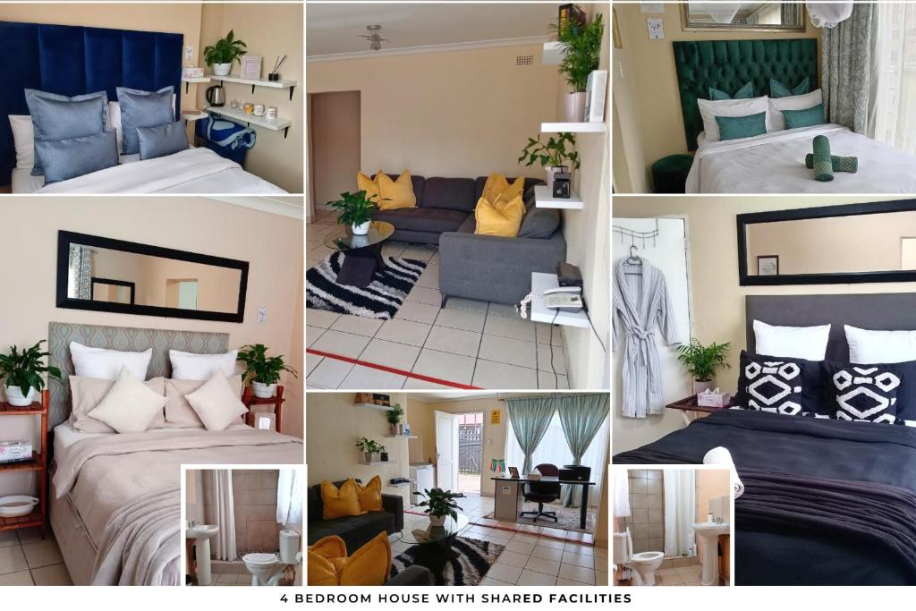 a collage of pictures of a bedroom house with smaller buildings at Olivia Pines Guesthouse 4 Bedroom Self Catering House in Krugersdorp