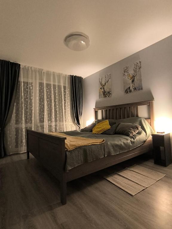 Un dormitorio con una cama y una ventana grande en Ludza Stay Apartment, en Ludza