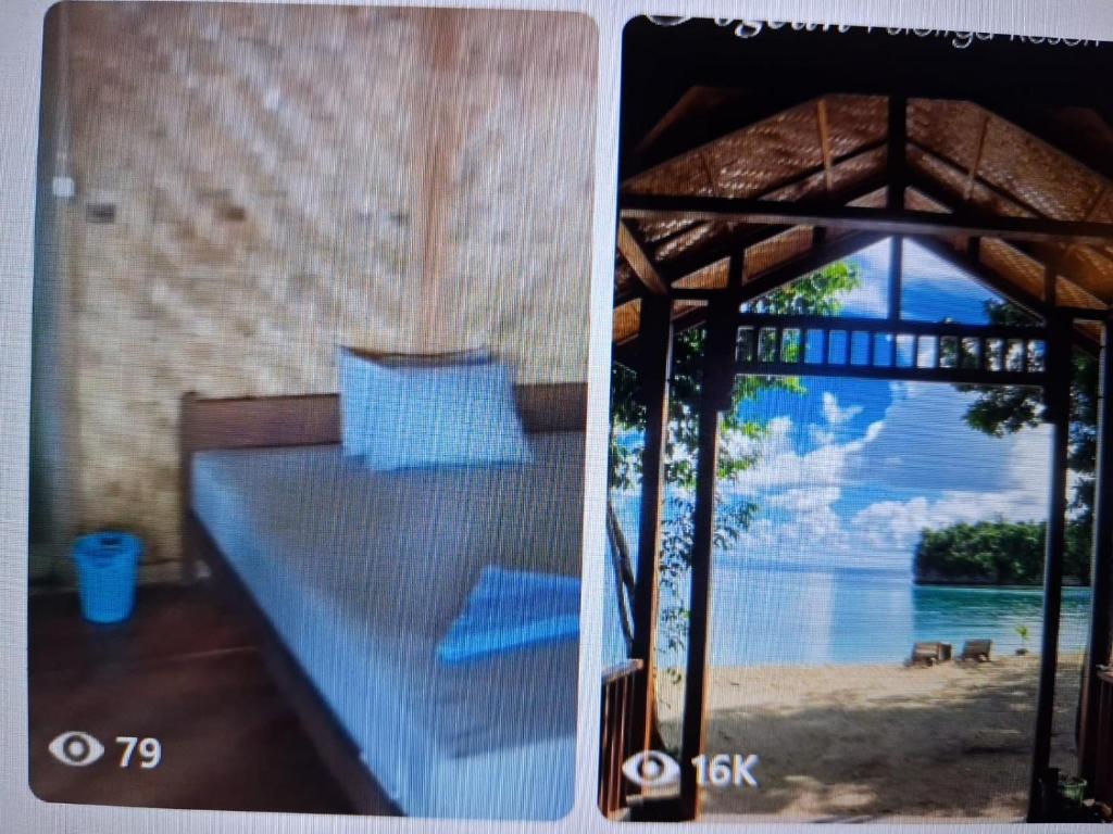 a bedroom with a bed and a view of the ocean at Togean Pulotiga Resort in Popolii