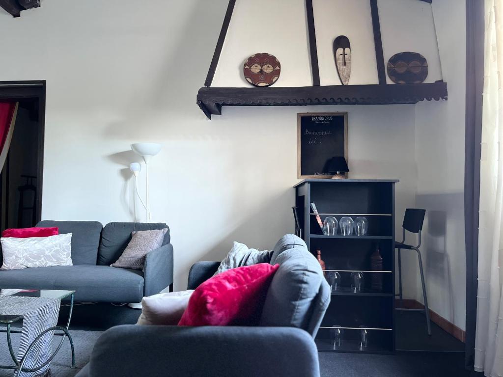 un salon avec deux canapés bleus et une étagère dans l'établissement Maison à la campagne 4 à 6 personnes proche JONZAC, à Boisredon