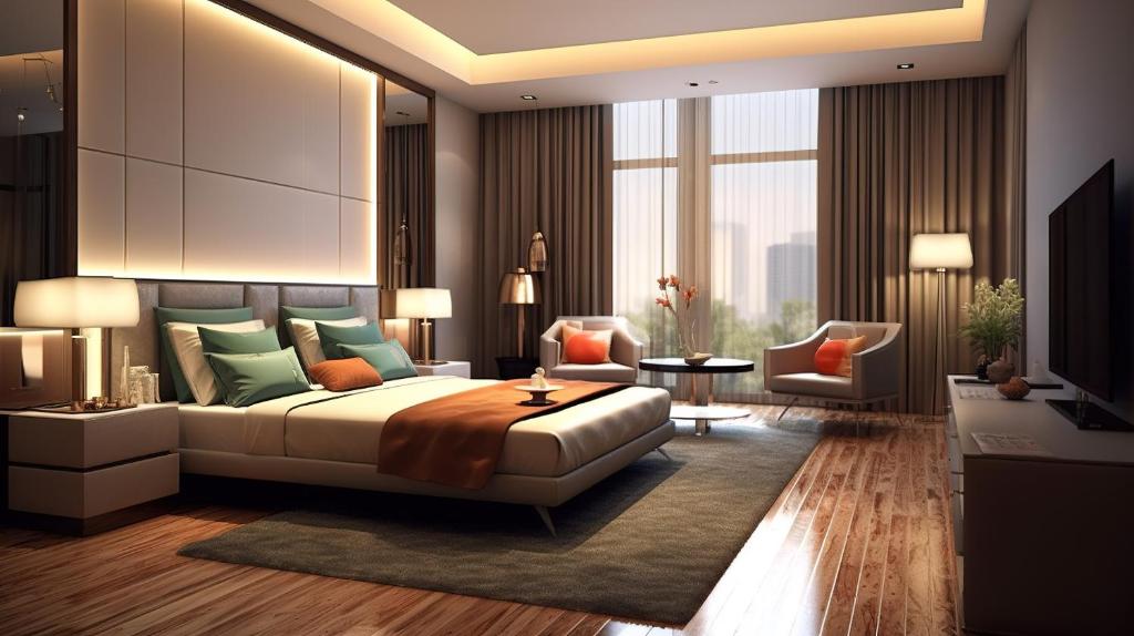 1 dormitorio con 1 cama extragrande y sala de estar en Hotel The White Sand Suites, en Nueva Delhi