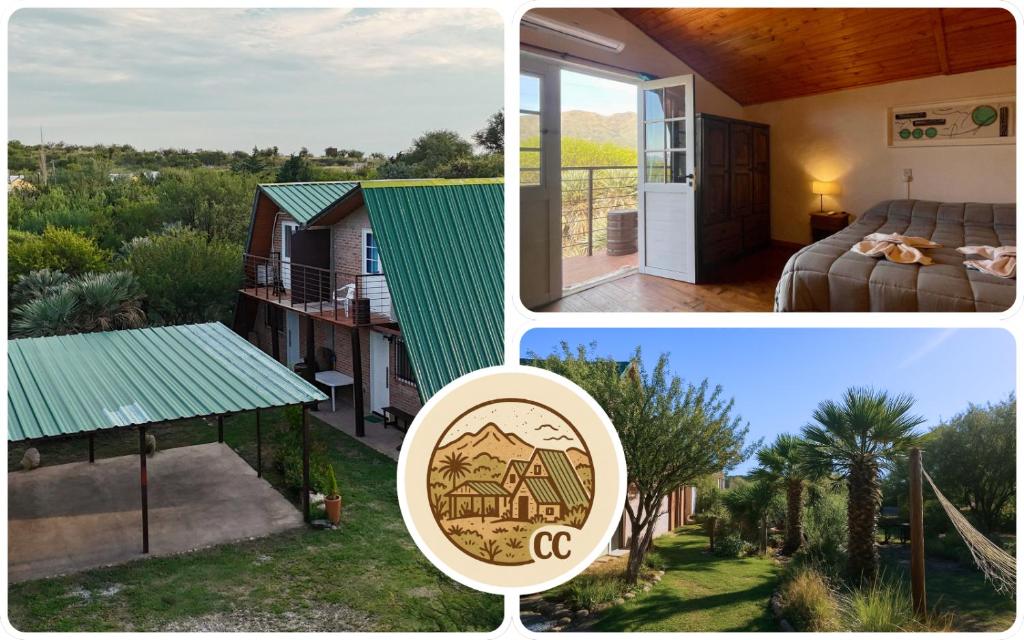 un collage de fotos de una casa con techo verde en Cabañas Caranday, en Capilla del Monte