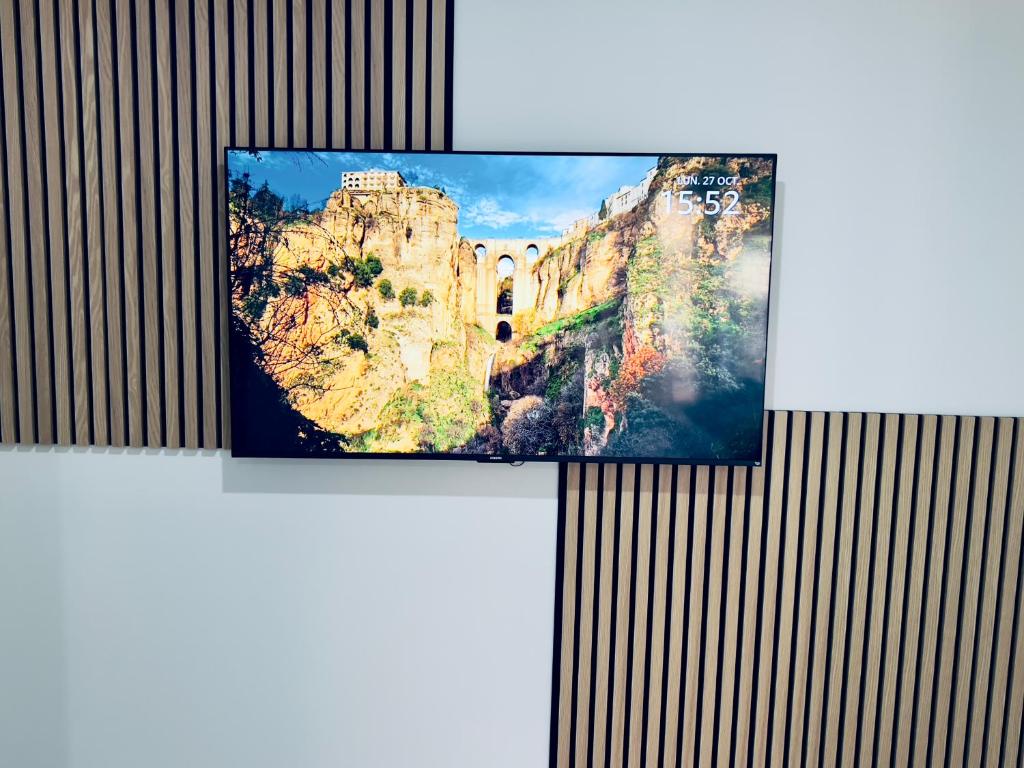 Appartements & Spa Orly Paris في فيلنوف سان جورج: تلفزيون معلق على الحائط مع جبل