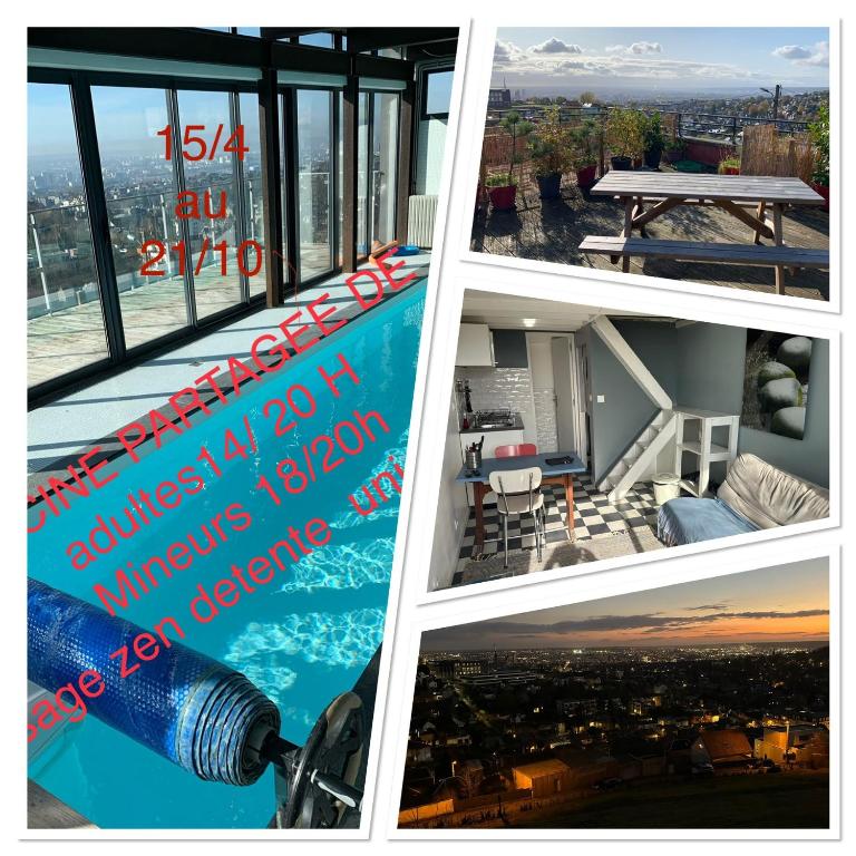 a collage of photos of a house with a view at ECO STUDIOS mezzanine wifi stationnement rue gratuit terrasse dans jardin in Rouen